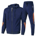 Blue Men's Hooded Tracksuit with Striped Sleeves & Relaxed Fit