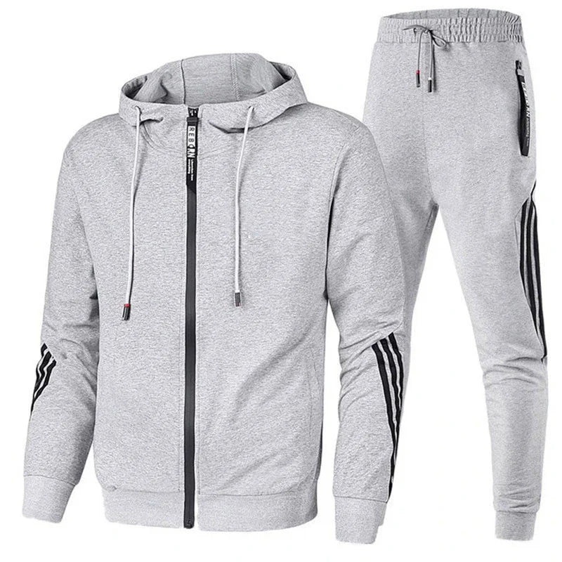 Grey Men's Hooded Tracksuit with Striped Sleeves & Relaxed Fit
