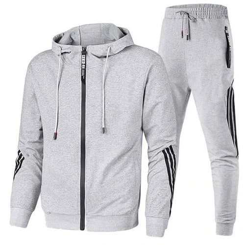 Grey Men's Hooded Tracksuit with Striped Sleeves & Relaxed Fit