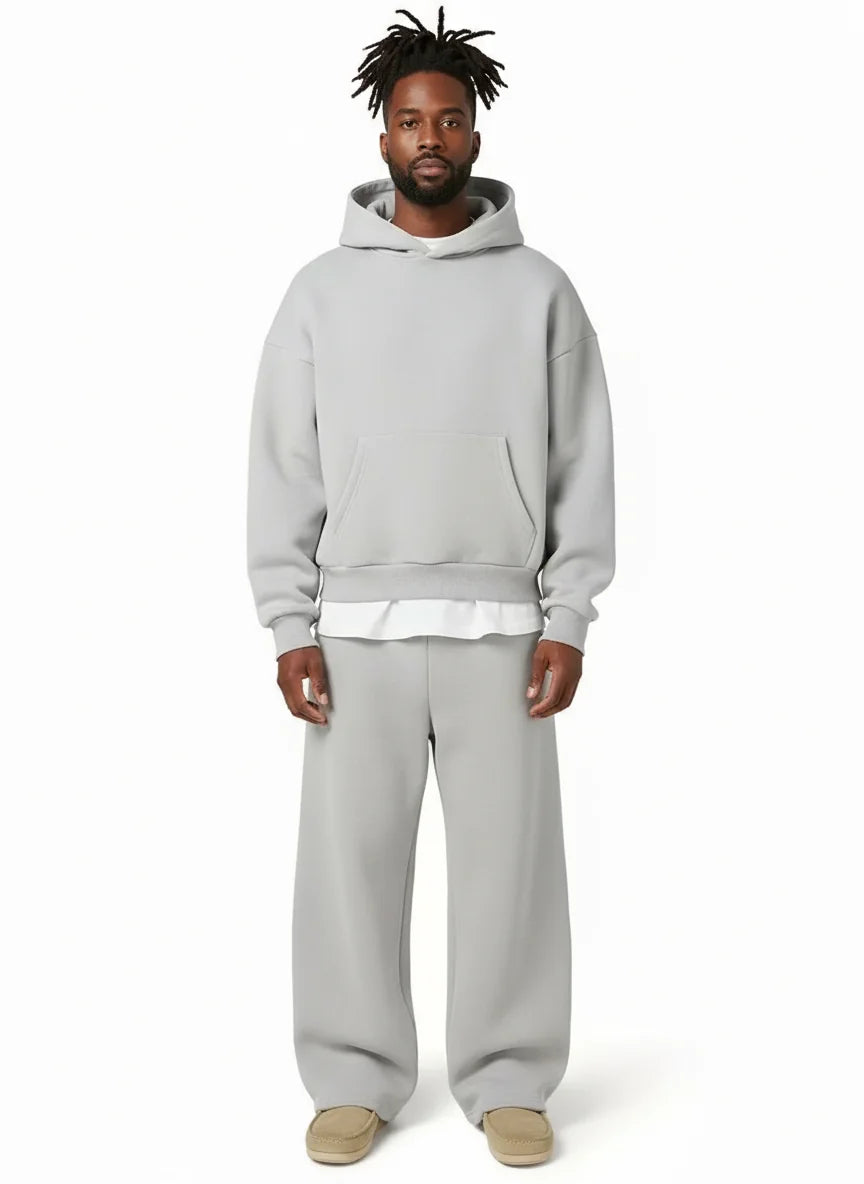 Light Grey Men's Hooded Tracksuit with Straight-Leg Sweatpants & Drawstring Waist