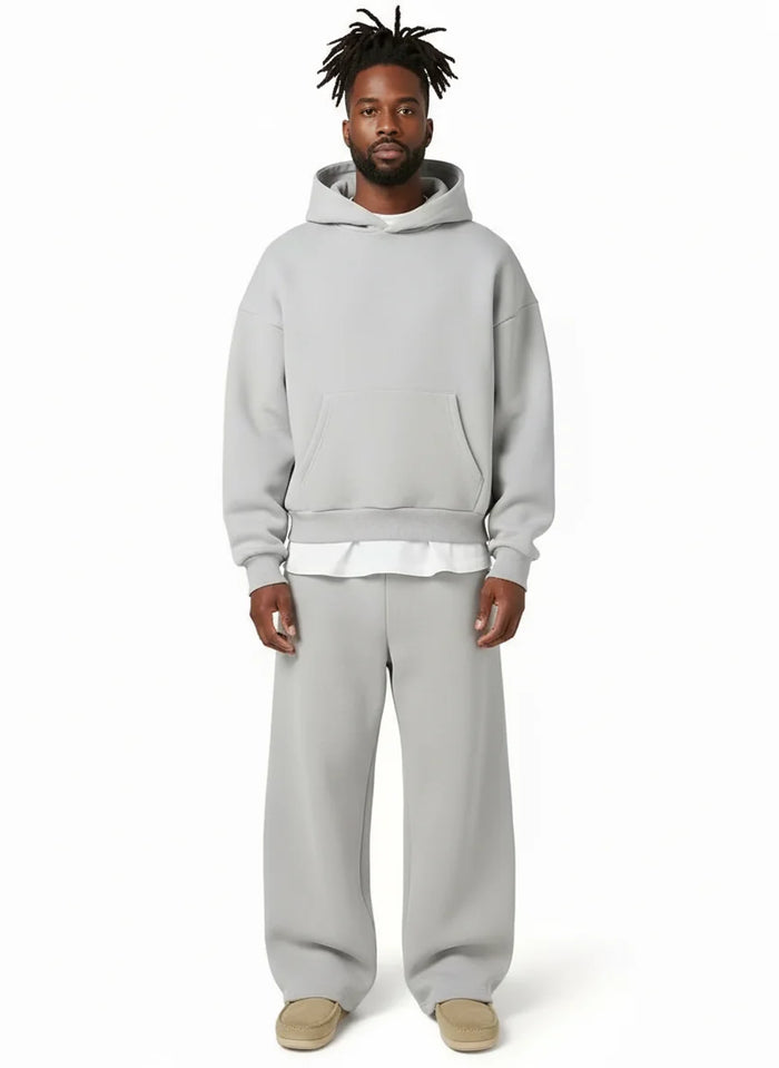 Light Grey Men's Hooded Tracksuit with Straight-Leg Sweatpants & Drawstring Waist