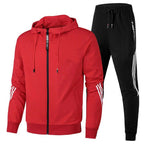 Red Men's Hooded Tracksuit with Striped Sleeves & Relaxed Fit
