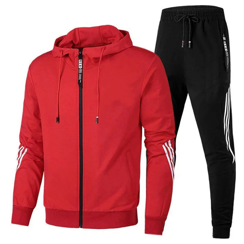 Red Men's Hooded Tracksuit with Striped Sleeves & Relaxed Fit