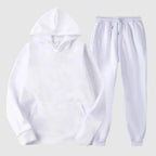 White Men's Hooded Tracksuit with Kangaroo Pocket & Drawstring Joggers — Noah - Plain Flat Lay