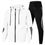 White Men's Hooded Tracksuit with Striped Sleeves & Relaxed Fit