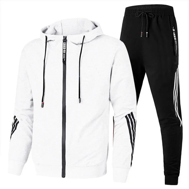 White Men's Hooded Tracksuit with Striped Sleeves & Relaxed Fit