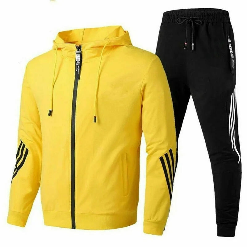 Yellow Men's Hooded Tracksuit with Striped Sleeves & Relaxed Fit
