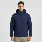 Blue Men's Hooded Waterproof Rain Jacket — Elle Nylon Zip-Pocket Adjustable Cuffs - Front View Navy