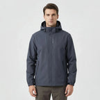 Gray Men's Hooded Waterproof Rain Jacket — Elle Nylon Zip-Pocket Adjustable Cuffs - Front Full Studio
