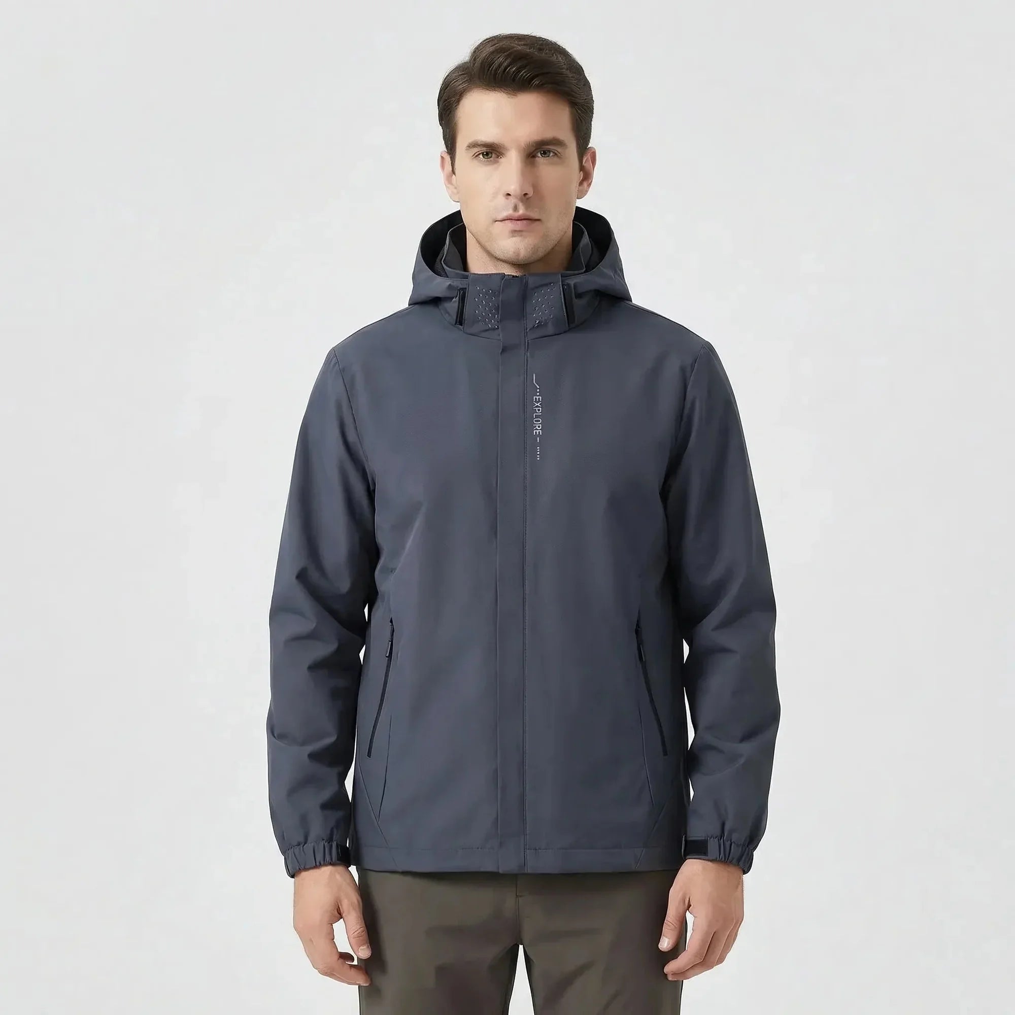 Gray Men's Hooded Waterproof Rain Jacket — Elle Nylon Zip-Pocket Adjustable Cuffs - Front Full Studio