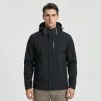 Gray Men's Hooded Waterproof Rain Jacket — Elle Nylon Zip-Pocket Adjustable Cuffs - Front Pose Dark