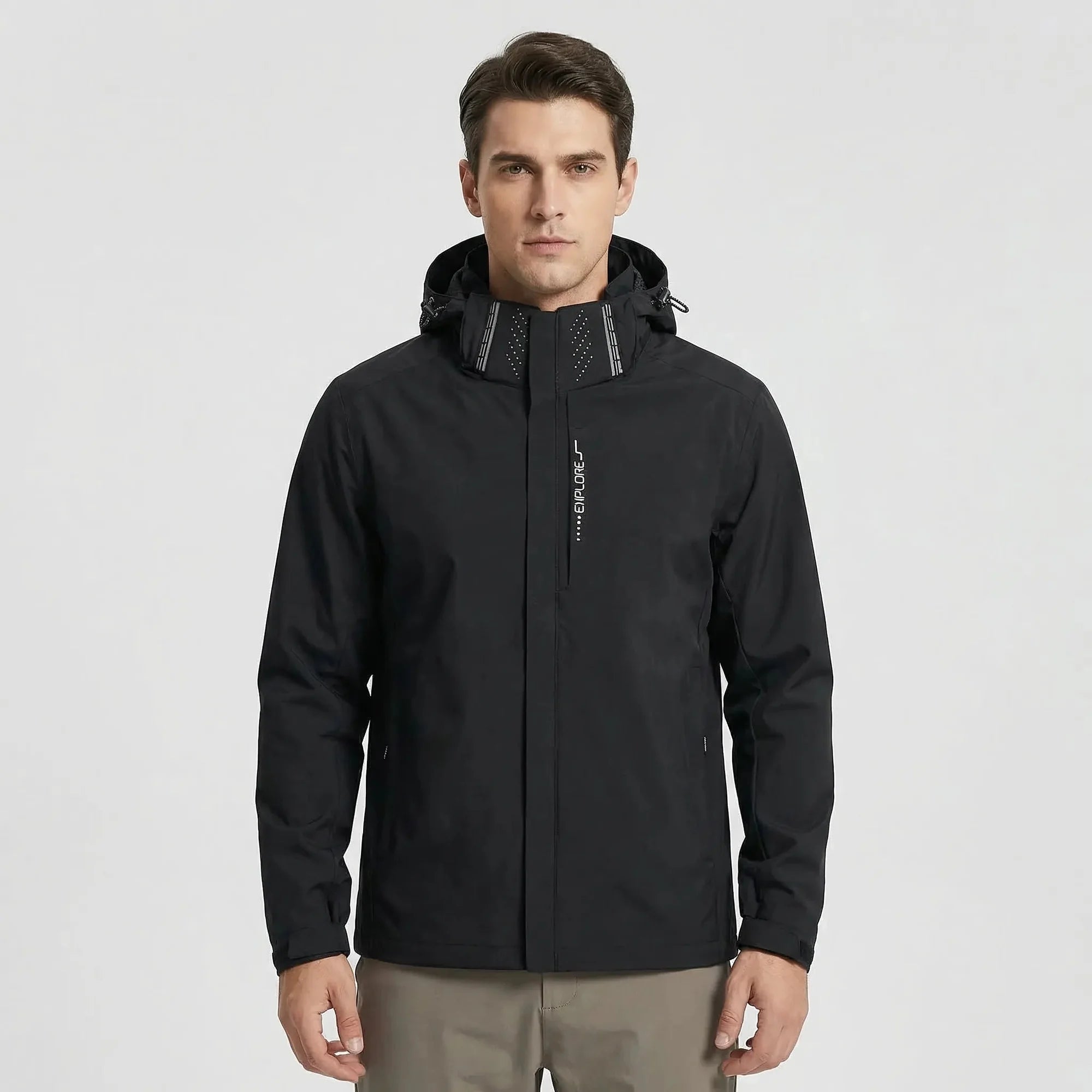 Gray Men's Hooded Waterproof Rain Jacket — Elle Nylon Zip-Pocket Adjustable Cuffs - Front Pose Dark