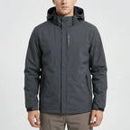 Gray Men's Hooded Waterproof Rain Jacket — Elle Nylon Zip-Pocket Adjustable Cuffs - Front View