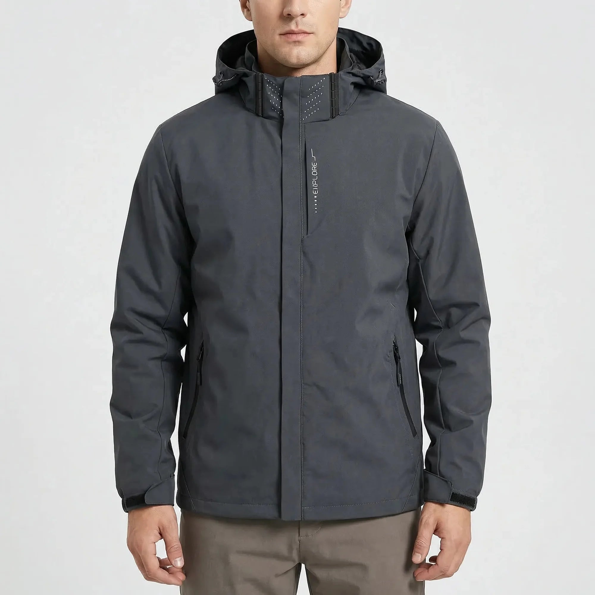 Gray Men's Hooded Waterproof Rain Jacket — Elle Nylon Zip-Pocket Adjustable Cuffs - Front View