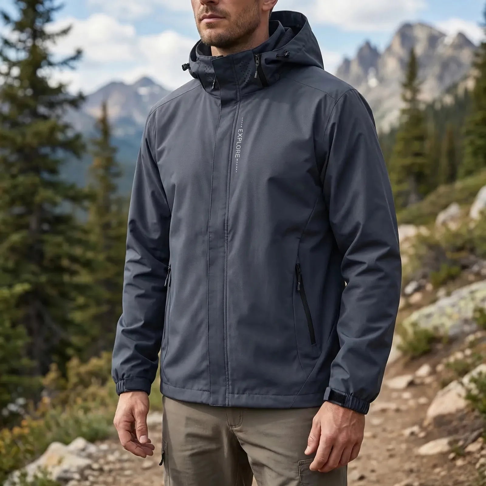 Gray Men's Hooded Waterproof Rain Jacket — Elle Nylon Zip-Pocket Adjustable Cuffs - Outdoor Lifestyle