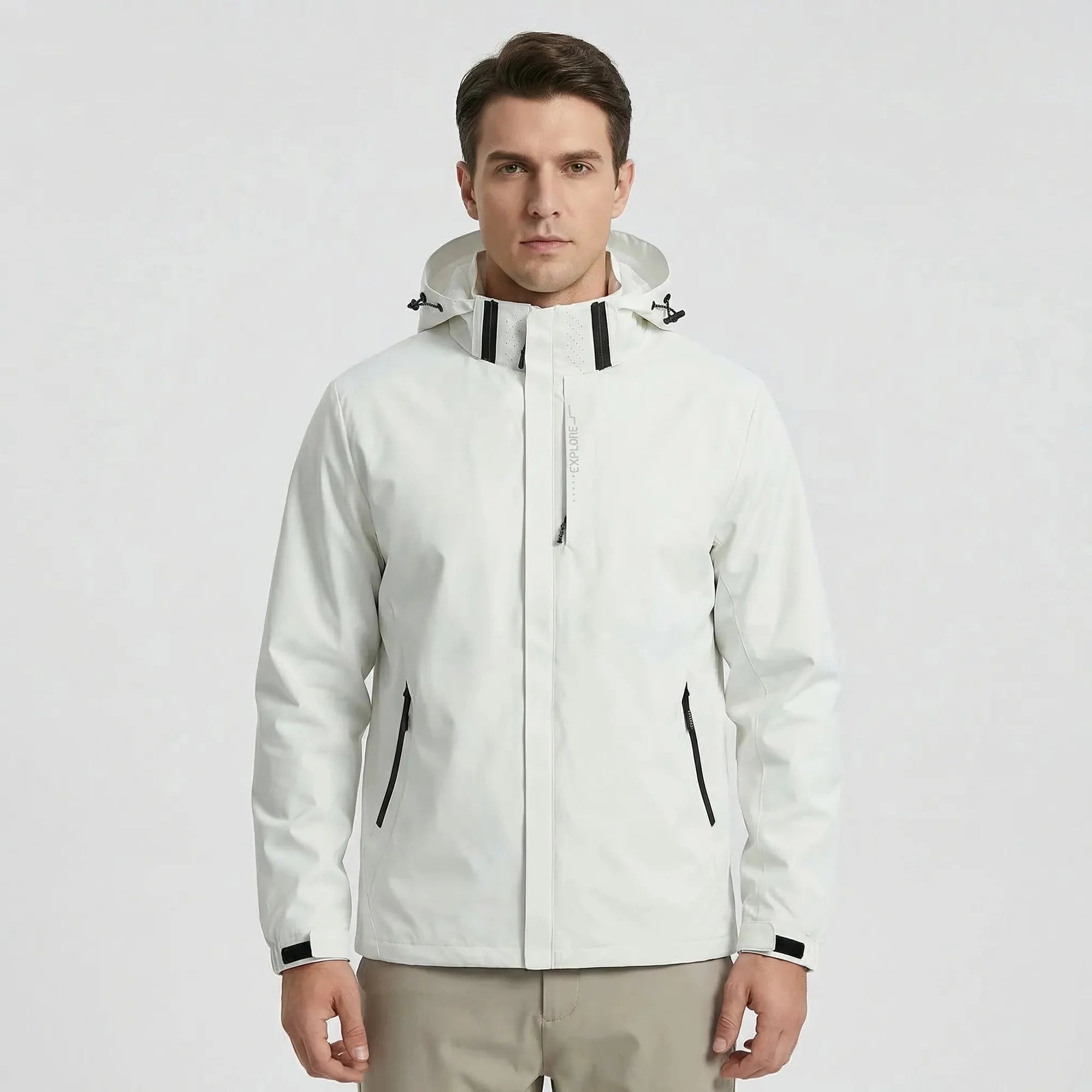 White Men's Hooded Waterproof Rain Jacket — Elle Nylon Zip-Pocket Adjustable Cuffs - Front Pose Light