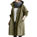 Army Green Women's Waterproof Raincoat with Hood, Cotton Blend Shell & Pockets - Front Full