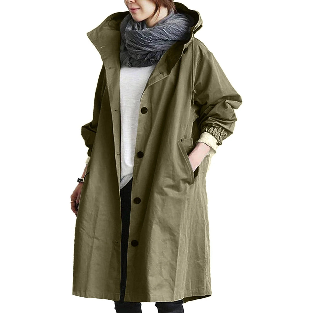 Army Green Women's Waterproof Raincoat with Hood, Cotton Blend Shell & Pockets - Front Full