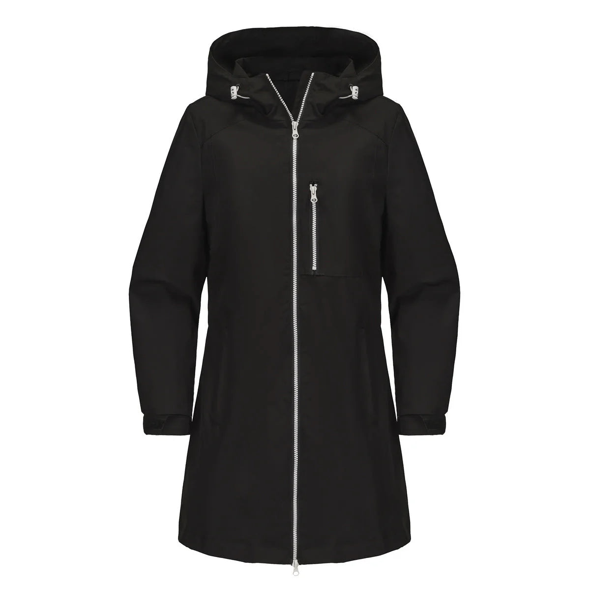 Black Women's Raincoat With Hood — Alexa Lightweight Waterproof Longline - Flat Lay