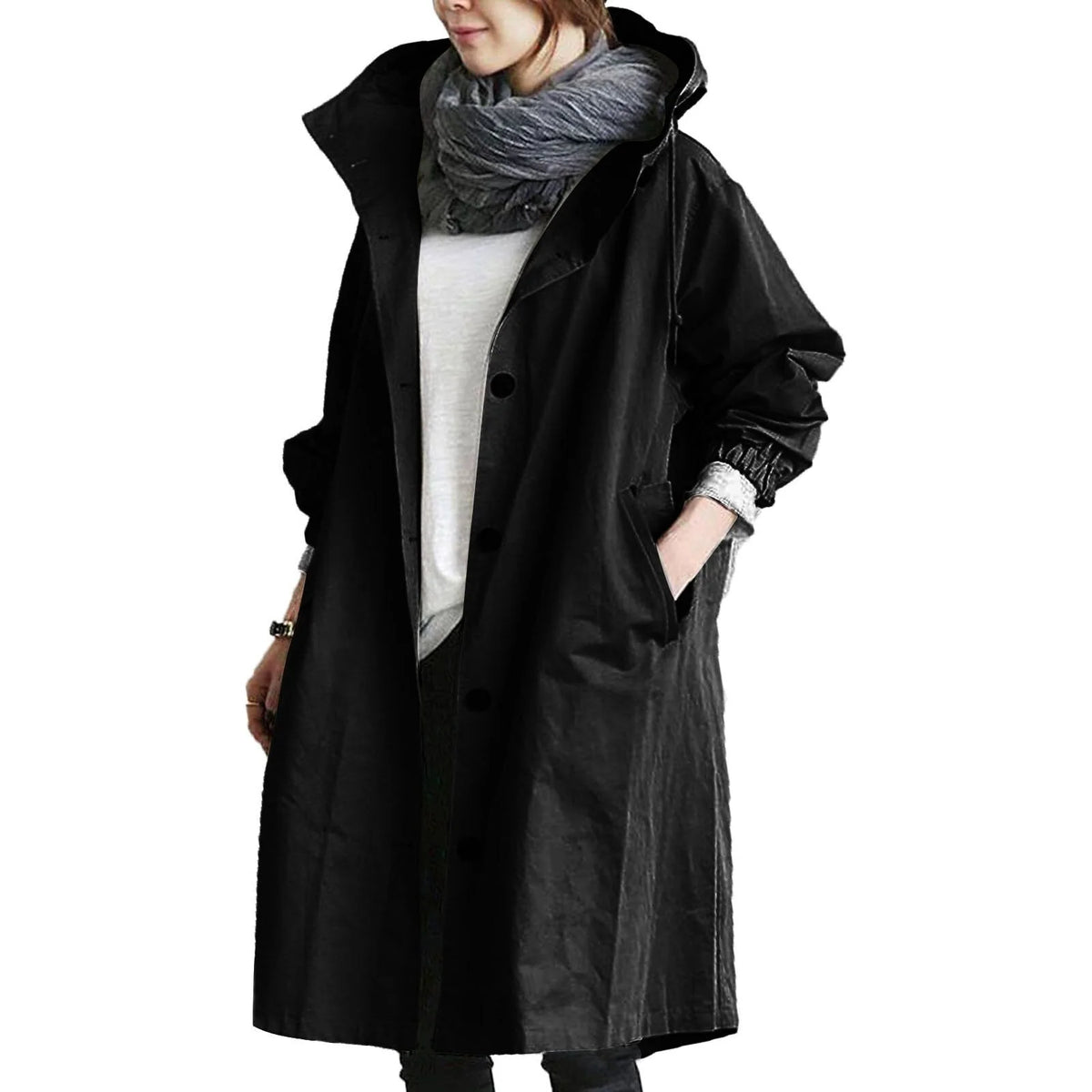 Black Women's Waterproof Raincoat with Hood, Cotton Blend Shell & Pockets - Side Pose