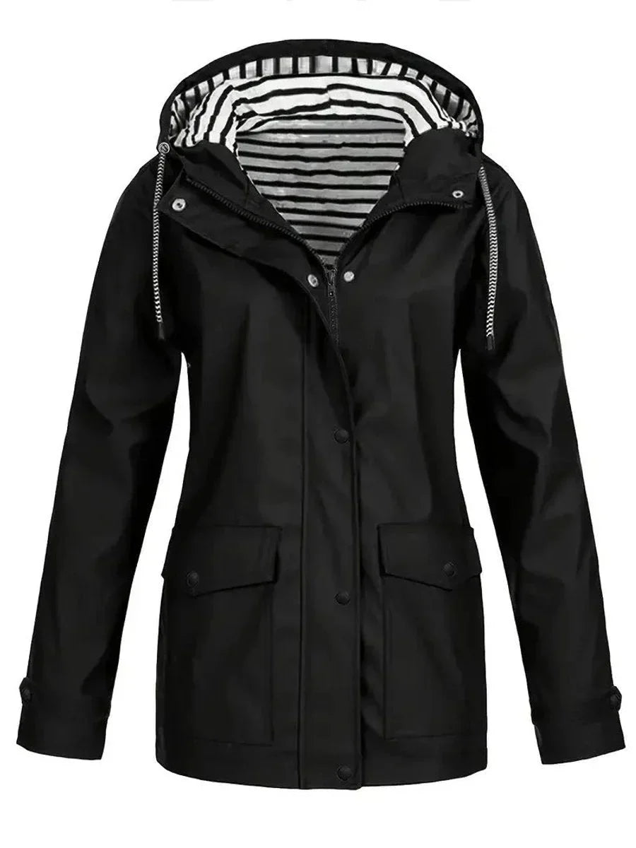 Black Women's Waterproof Raincoat with Zip-Front & Snap-Button Placket — Elise