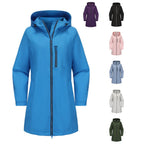 Blue Women's Raincoat With Hood — Alexa Lightweight Waterproof Longline - Flat Lay Swatches