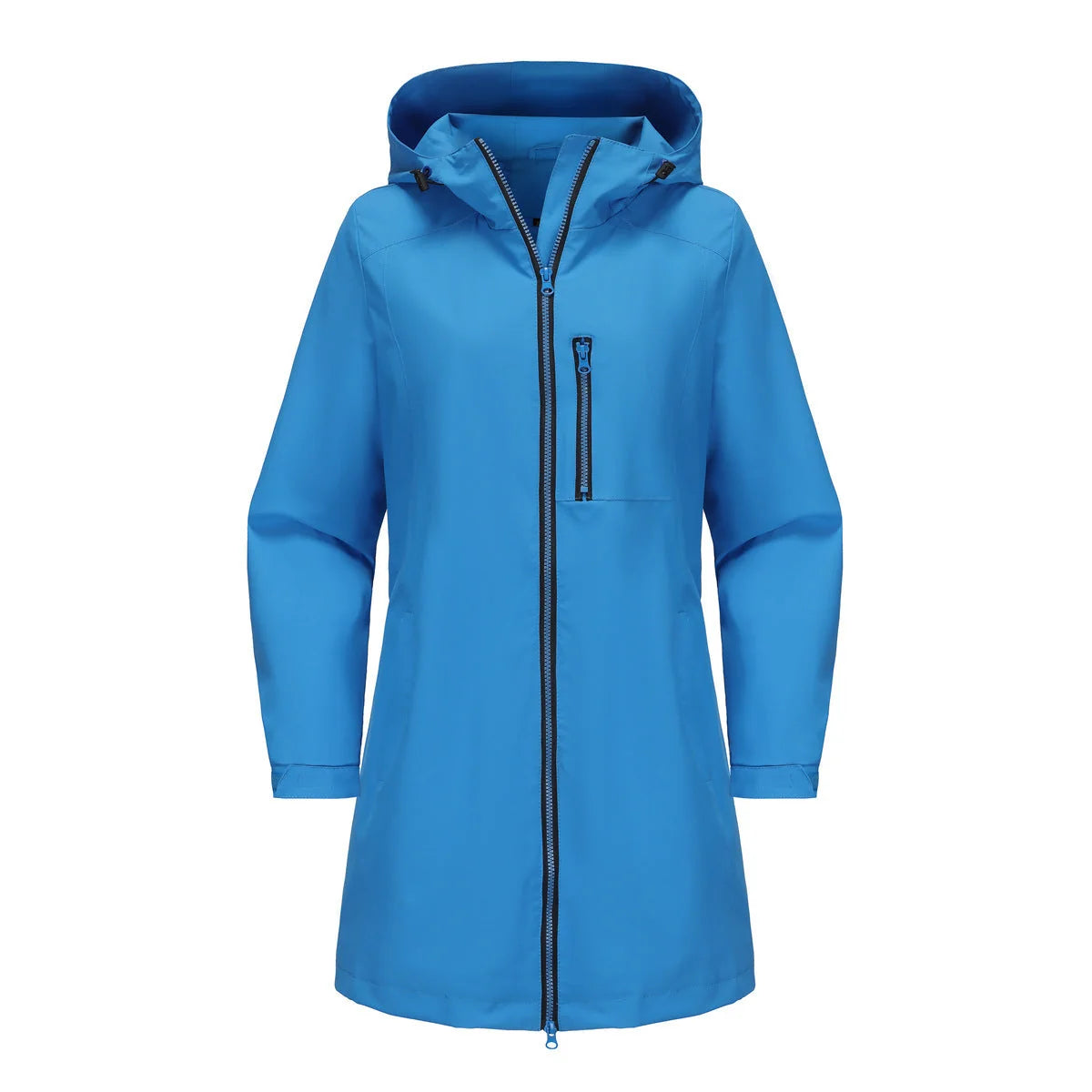Blue Women's Raincoat With Hood — Alexa Lightweight Waterproof Longline - Flat Lay