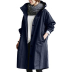 Dark Blue Women's Waterproof Raincoat with Hood, Cotton Blend Shell & Pockets - Front Open