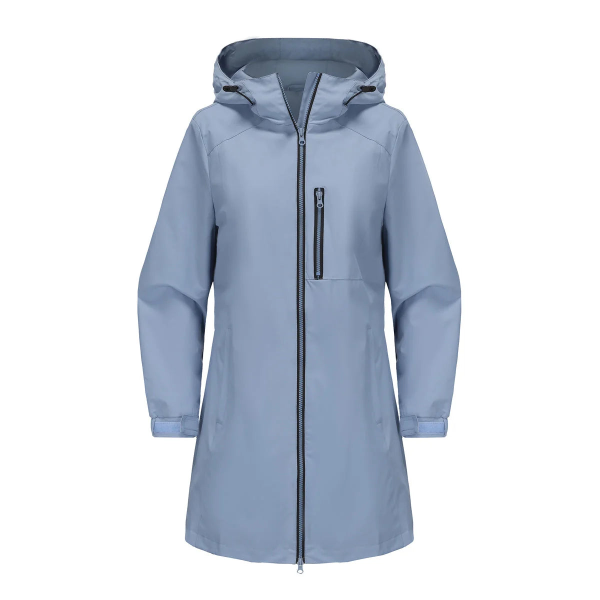 Gray Women's Raincoat With Hood — Alexa Lightweight Waterproof Longline - Flat Lay Light