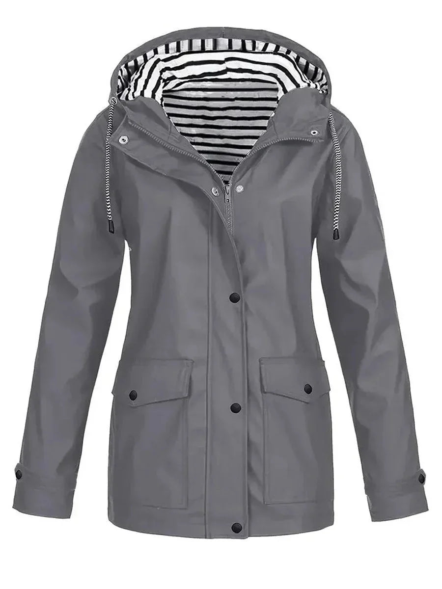 Gray Women's Waterproof Raincoat with Zip-Front & Snap-Button Placket