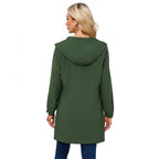 Green Women's Raincoat With Hood — Alexa Lightweight Waterproof Longline - Back Full Model