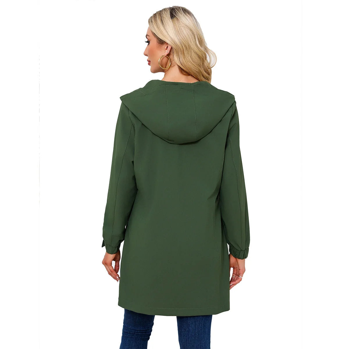 Green Women's Raincoat With Hood — Alexa Lightweight Waterproof Longline - Back Full Model