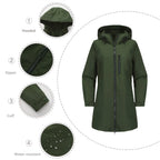 Green Women's Raincoat With Hood — Alexa Lightweight Waterproof Longline - Detail Collage Features