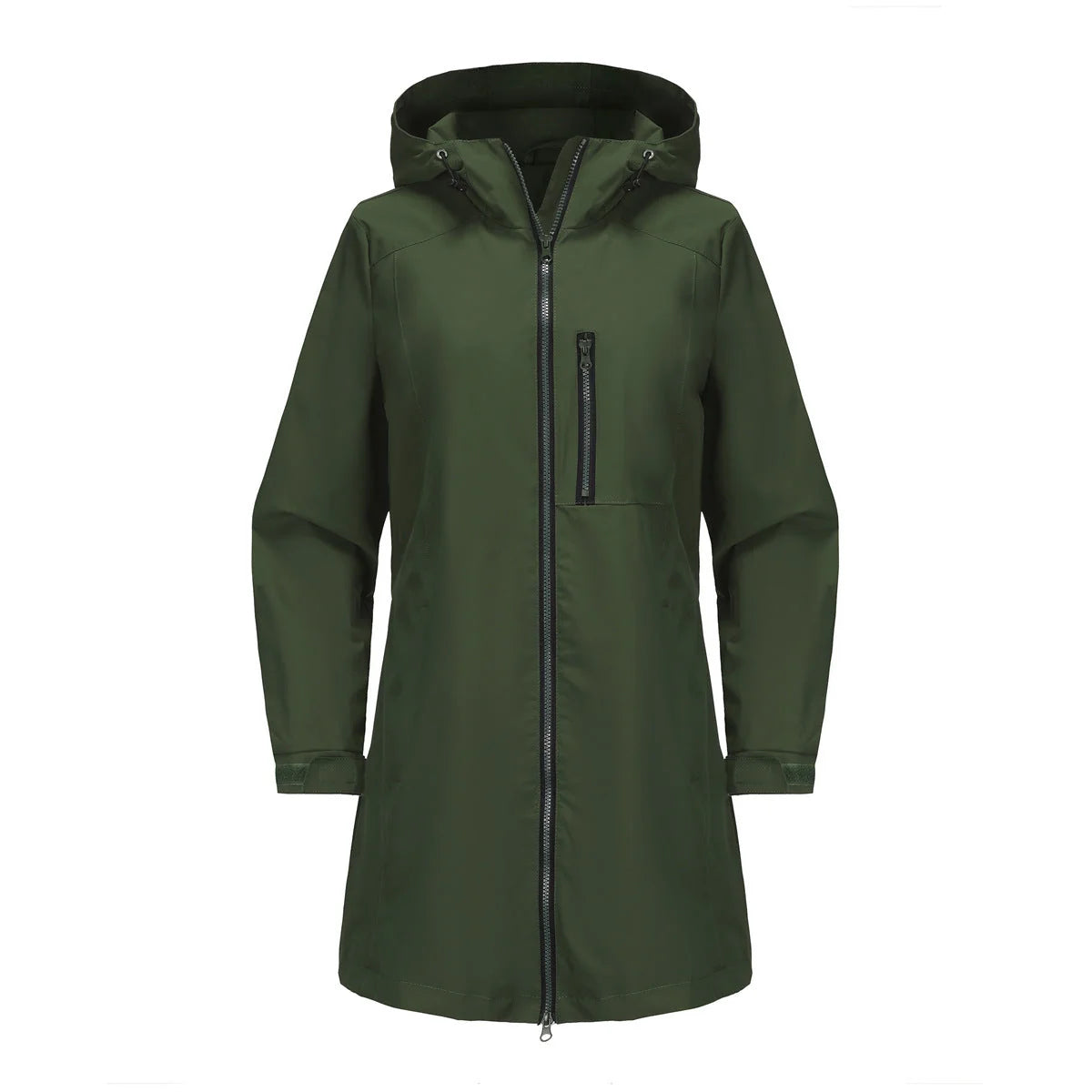 Green Women's Raincoat With Hood — Alexa Lightweight Waterproof Longline - Flat Lay