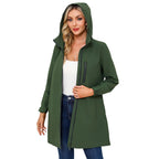 Green Women's Raincoat With Hood — Alexa Lightweight Waterproof Longline - Front Close Model
