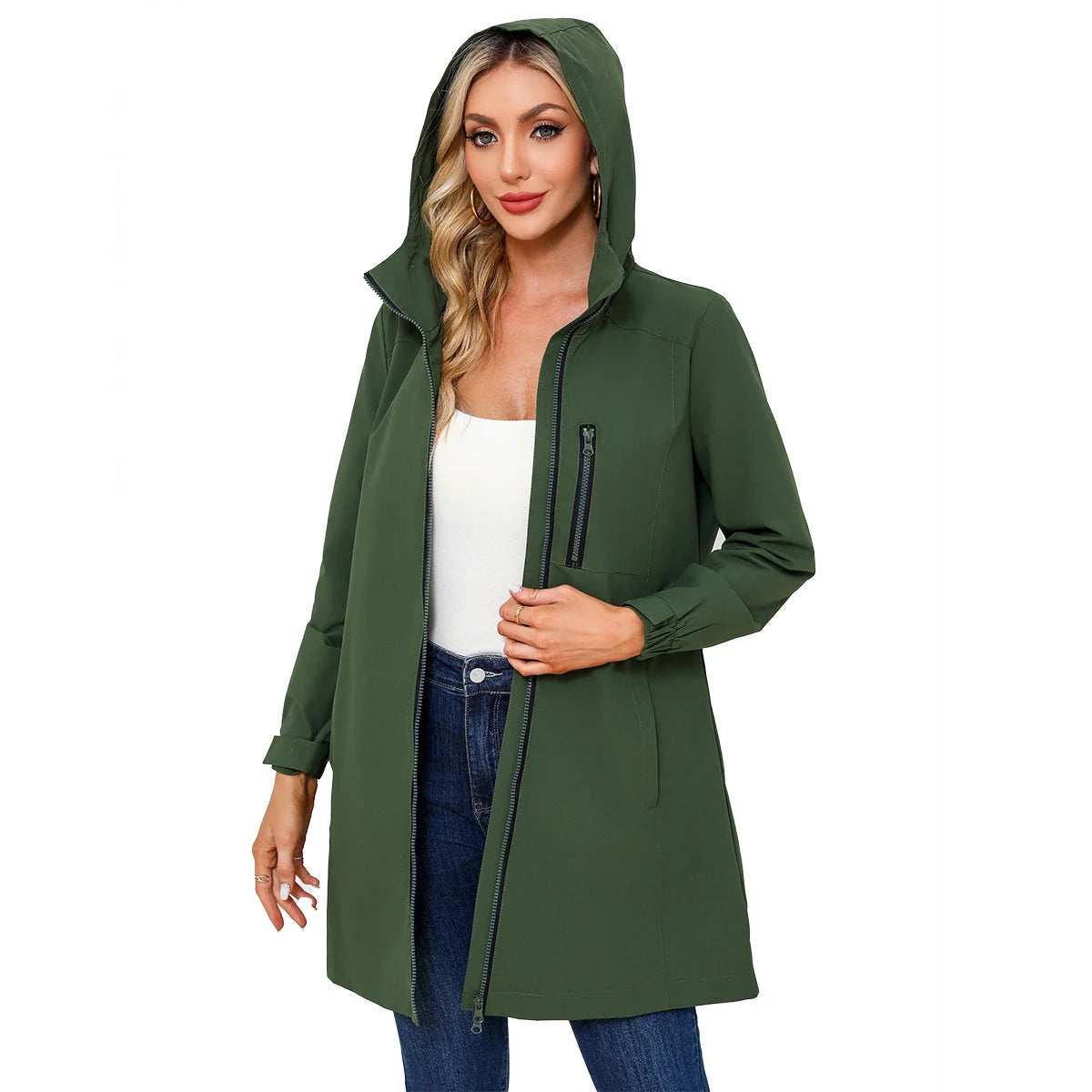Green Women's Raincoat With Hood — Alexa Lightweight Waterproof Longline - Front Close Model