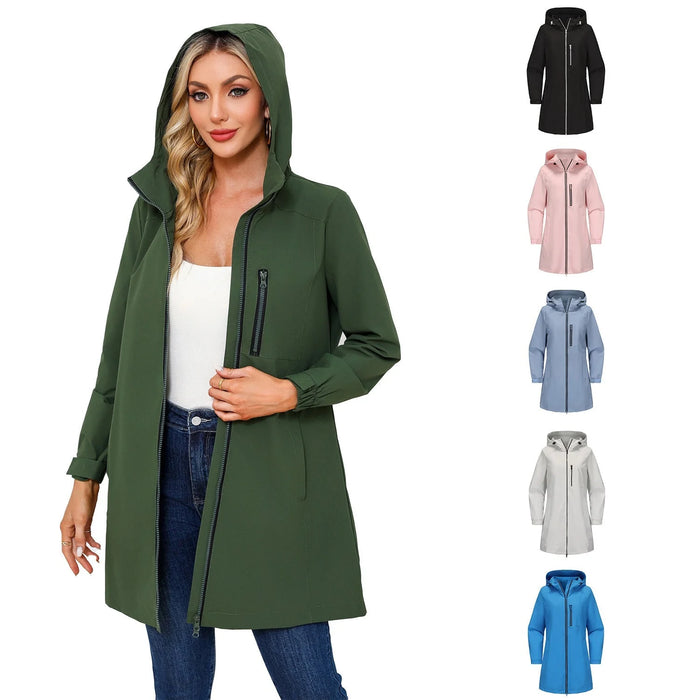 Green Women's Raincoat With Hood — Alexa Lightweight Waterproof Longline - Front Full Model
