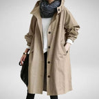 Khaki Women's Waterproof Raincoat with Hood, Cotton Blend Shell & Pockets - Cropped Front