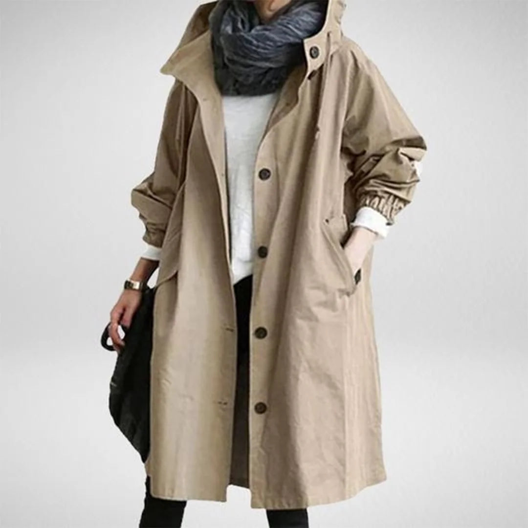 Khaki Women's Waterproof Raincoat with Hood, Cotton Blend Shell & Pockets - Cropped Front