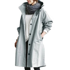 Light Blue Women's Waterproof Raincoat with Hood, Cotton Blend Shell & Pockets - Close Up Hood