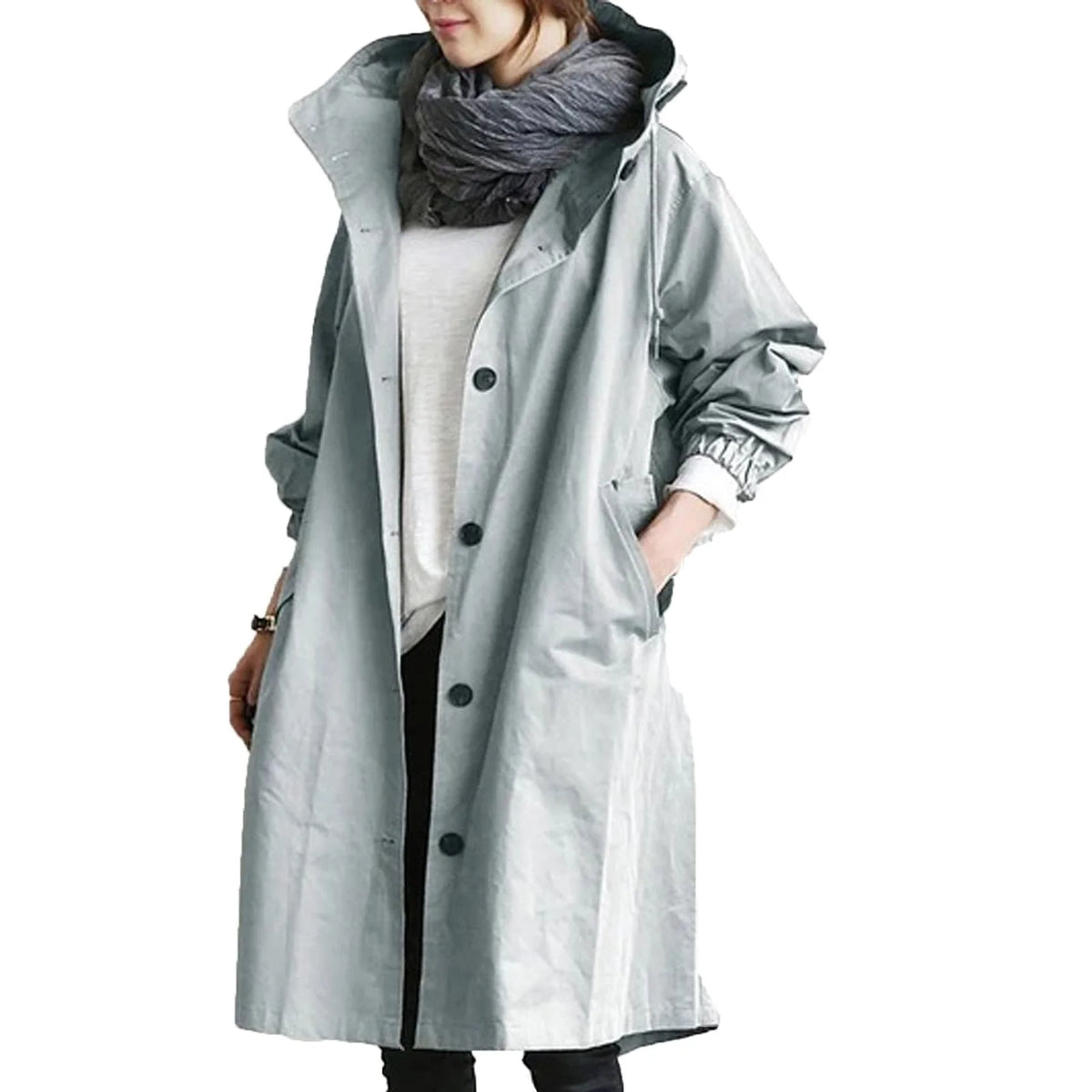 Light Blue Women's Waterproof Raincoat with Hood, Cotton Blend Shell & Pockets - Close Up Hood