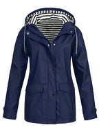 Navy Blue Women's Waterproof Raincoat with Zip-Front & Snap-Button Placket