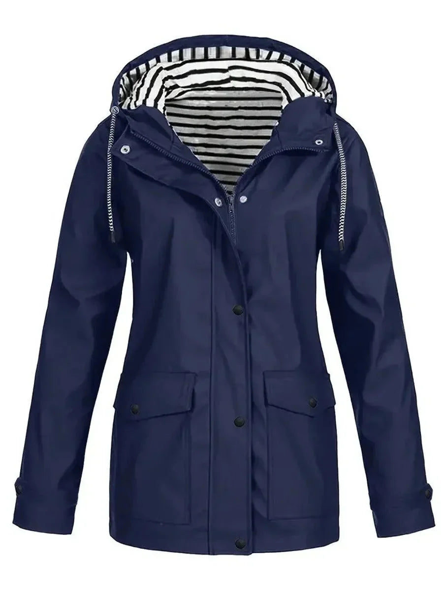 Navy Blue Women's Waterproof Raincoat with Zip-Front & Snap-Button Placket
