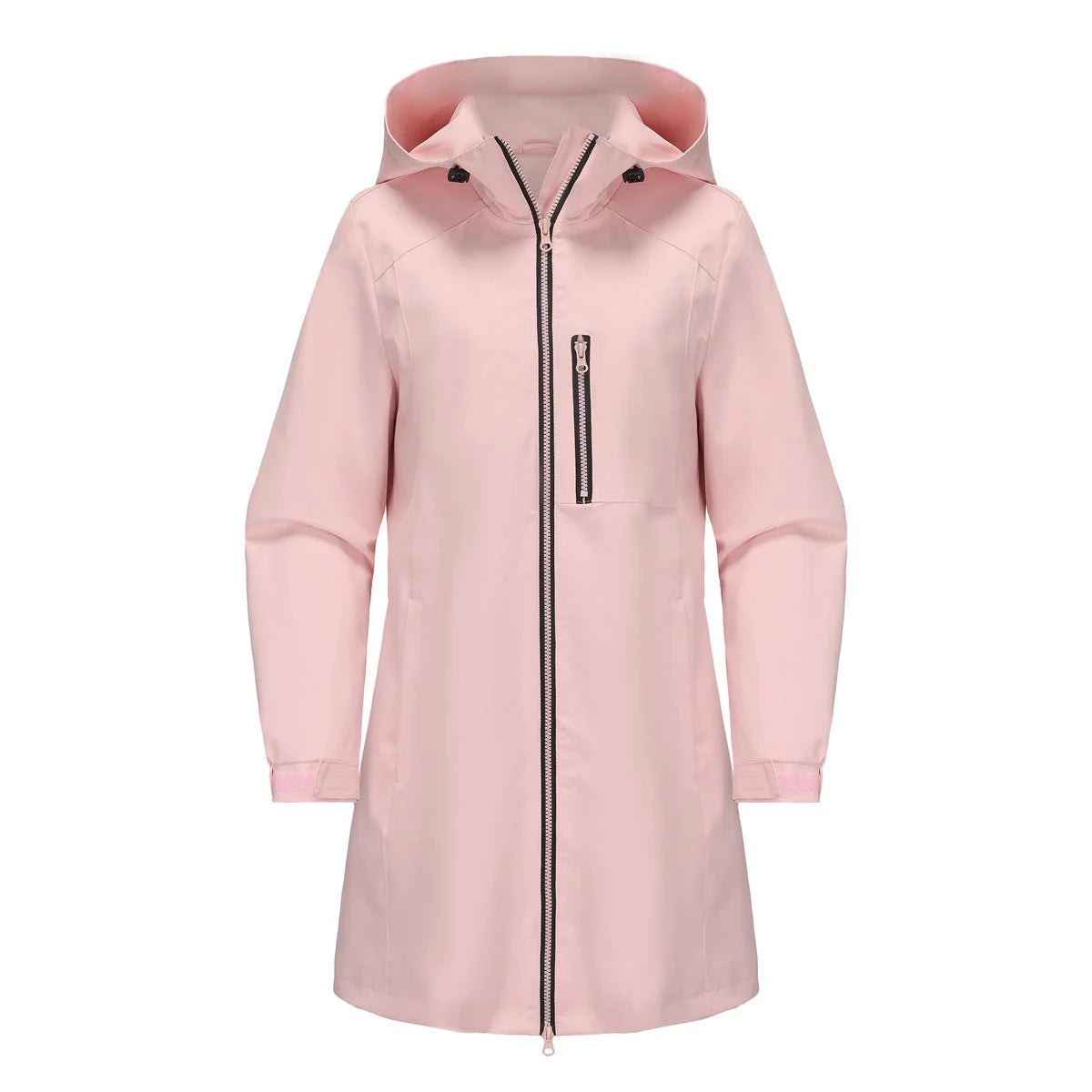 Pink Women's Raincoat With Hood — Alexa Lightweight Waterproof Longline - Flat Lay