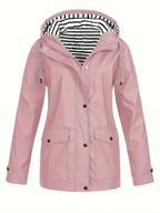Pink Women's Waterproof Raincoat with Zip-Front & Snap-Button Placket