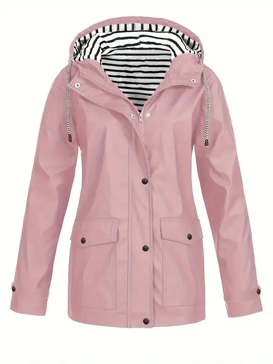 Pink Women's Waterproof Raincoat with Zip-Front & Snap-Button Placket