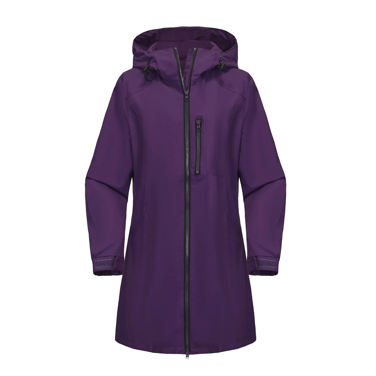 Purple Women's Raincoat With Hood — Alexa Lightweight Waterproof Longline - Flat Lay