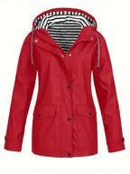 Red Women's Waterproof Raincoat with Zip-Front & Snap-Button Placket — Elise