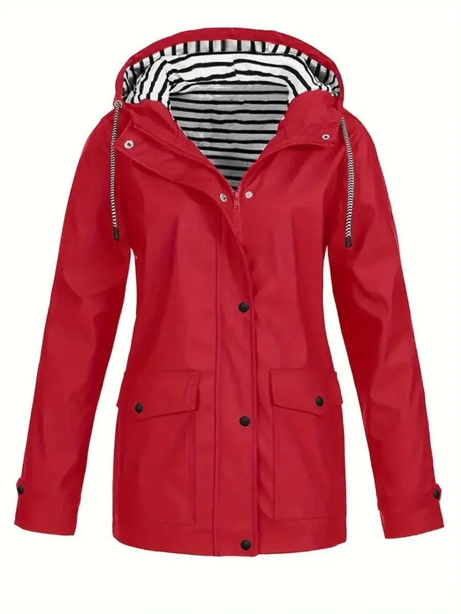 Red Women's Waterproof Raincoat with Zip-Front & Snap-Button Placket — Elise
