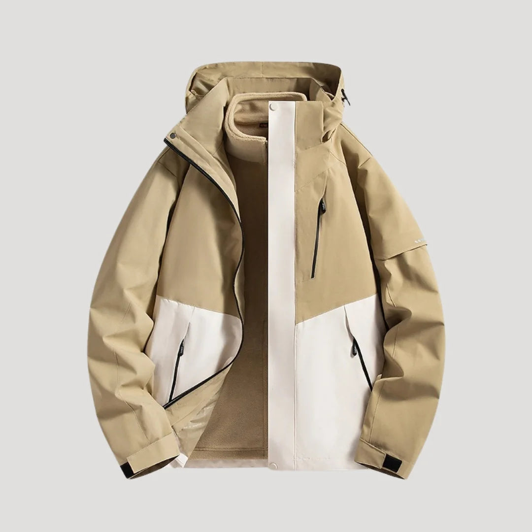 Beige Women's Waterproof Hooded Windbreaker Jacket with Zip Front & Pockets